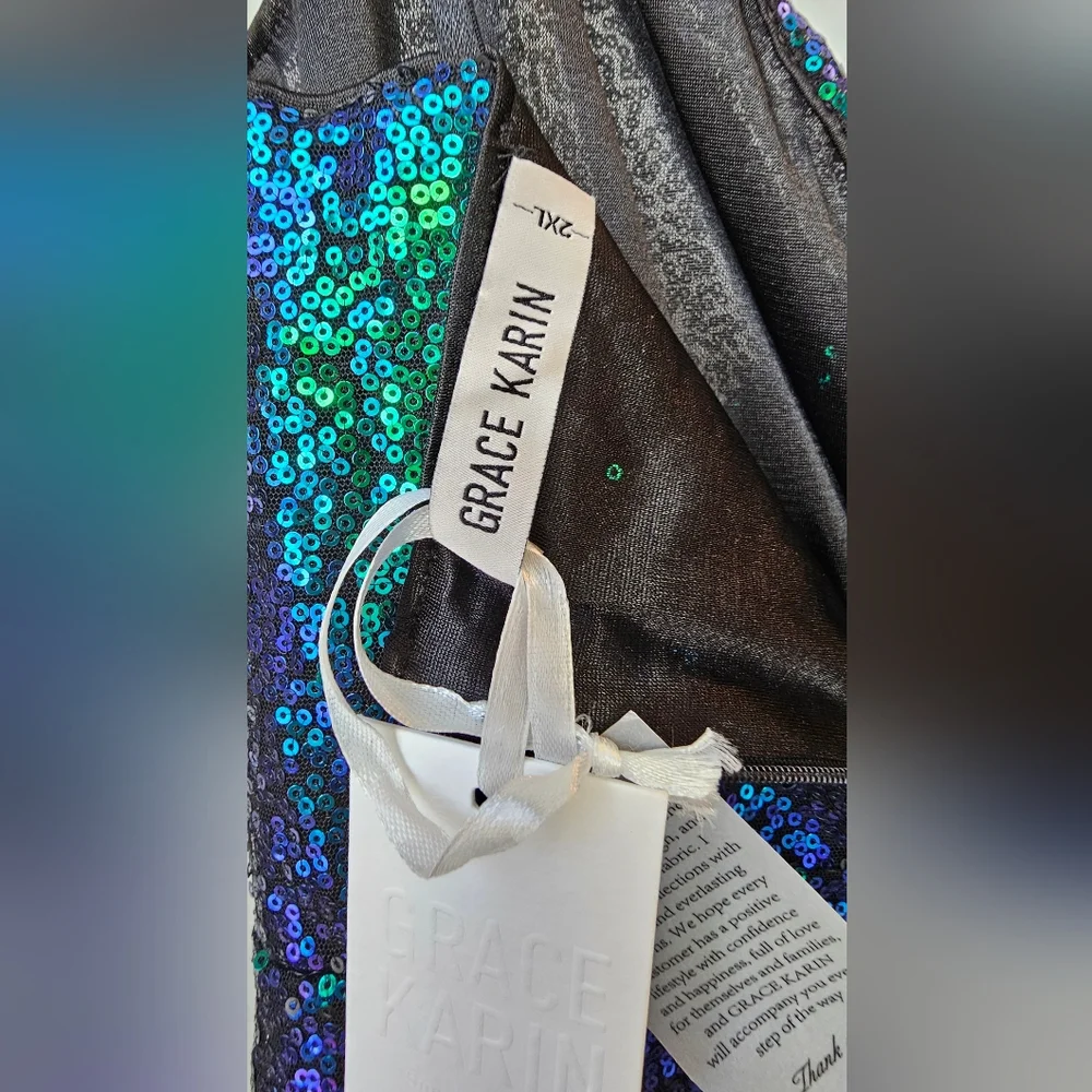 NWT Sequin Ruched V-Neck Dress in Iridescent Green and Blue - Picture 6 of 11